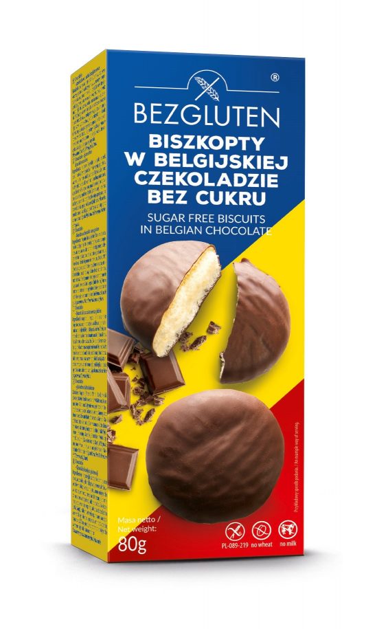 Biszkopty w belgijskiej czekoladzie bez cukru firmy Bezgluten